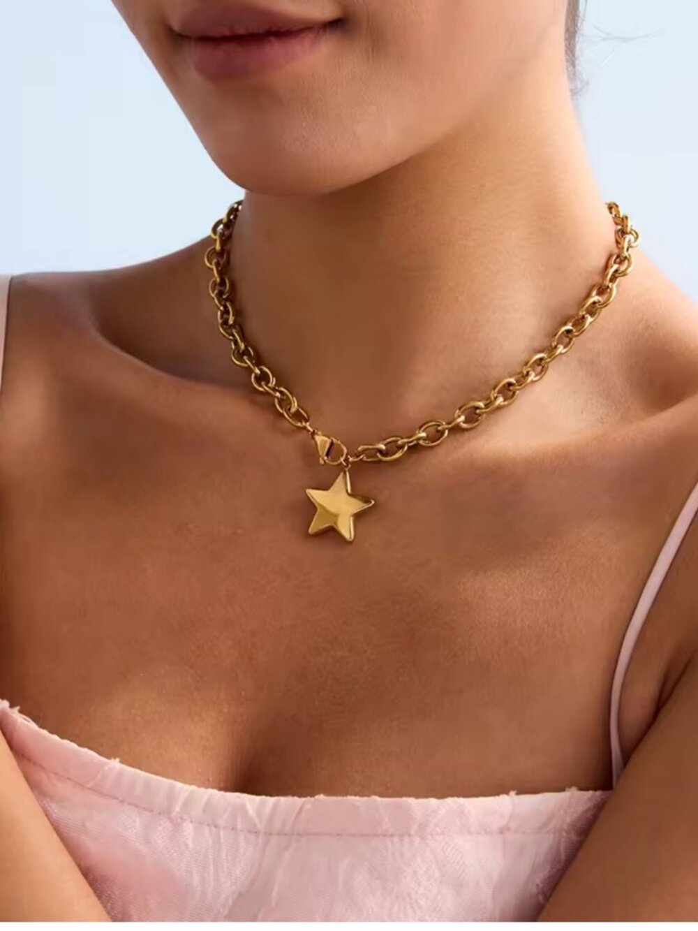 Star Necklace Waterproof Clasp In front Silver or Gold Chunky Chain Necklace - Picture 4 of 9